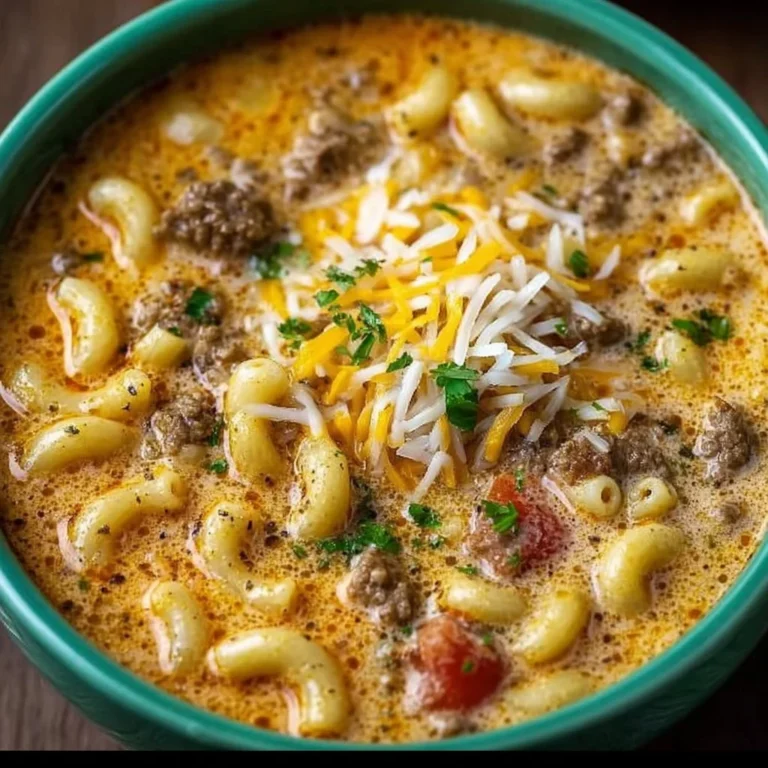 Bowl of creamy Cheeseburger Macaroni Soup topped with cheese and parsley