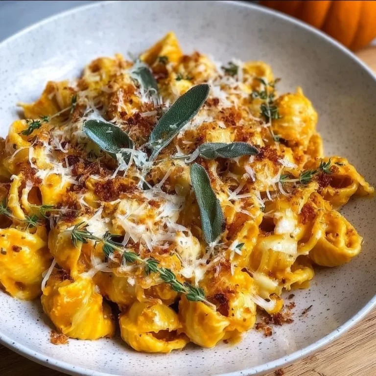 Cheesy Pumpkin Pasta Bake served in a dish with herbs and cheese topping.