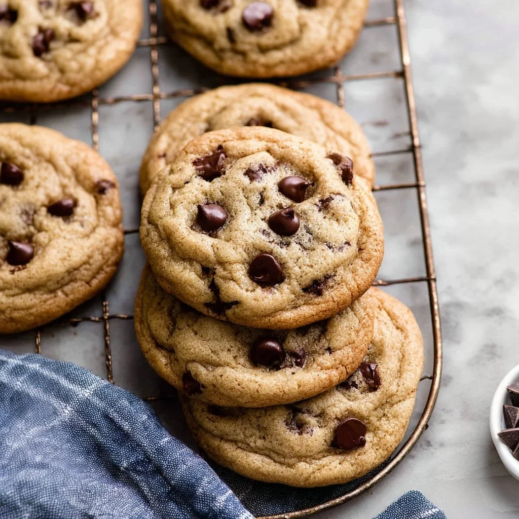 Delicious chewy chocolate chip cookies freshly baked on a cooling rack.