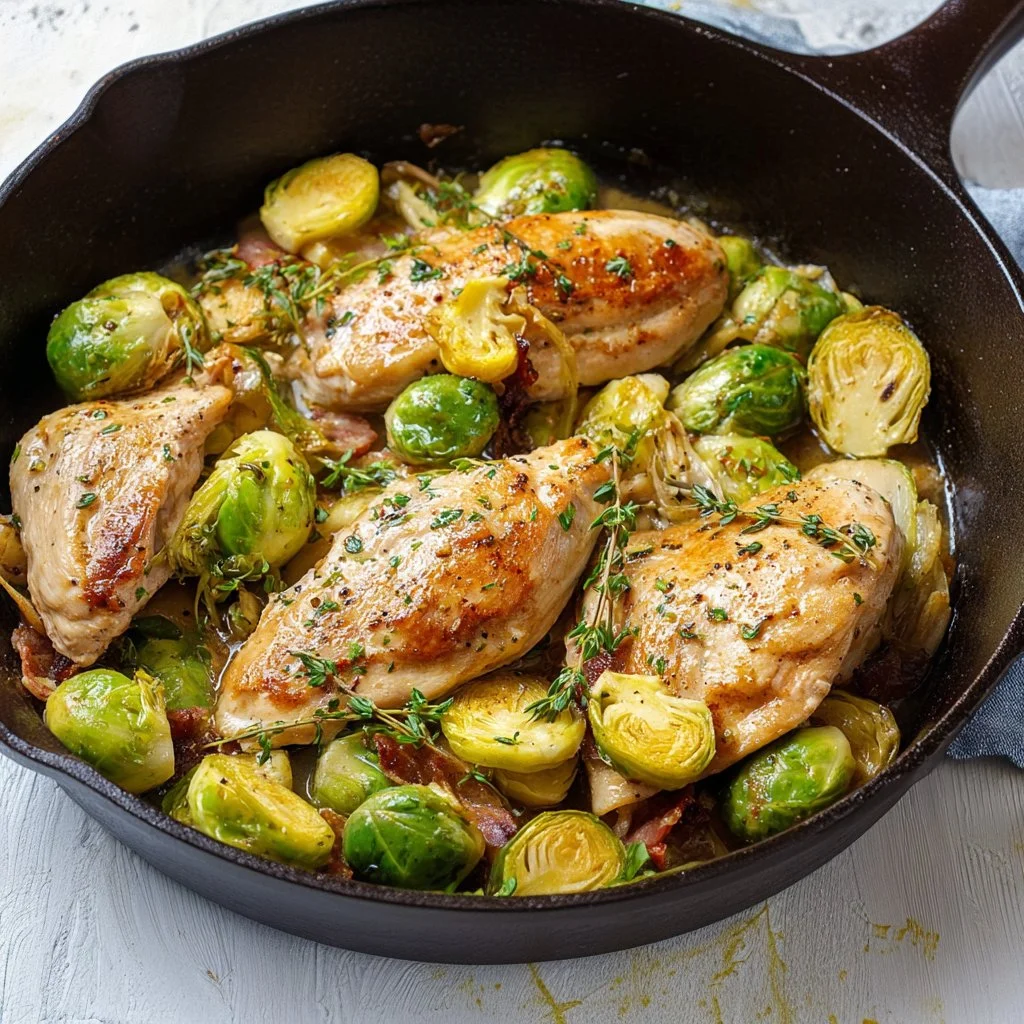 Chicken and Brussels Sprouts Skillet cooked in a pan with herbs and spices