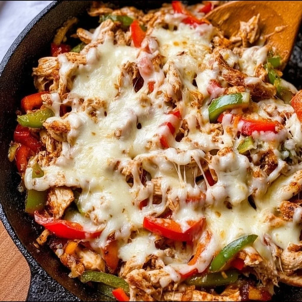 Chicken cheesesteak skillet with colorful peppers and onions
