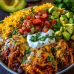 Delicious Chicken Enchilada Bowl topped with fresh ingredients and sauces.