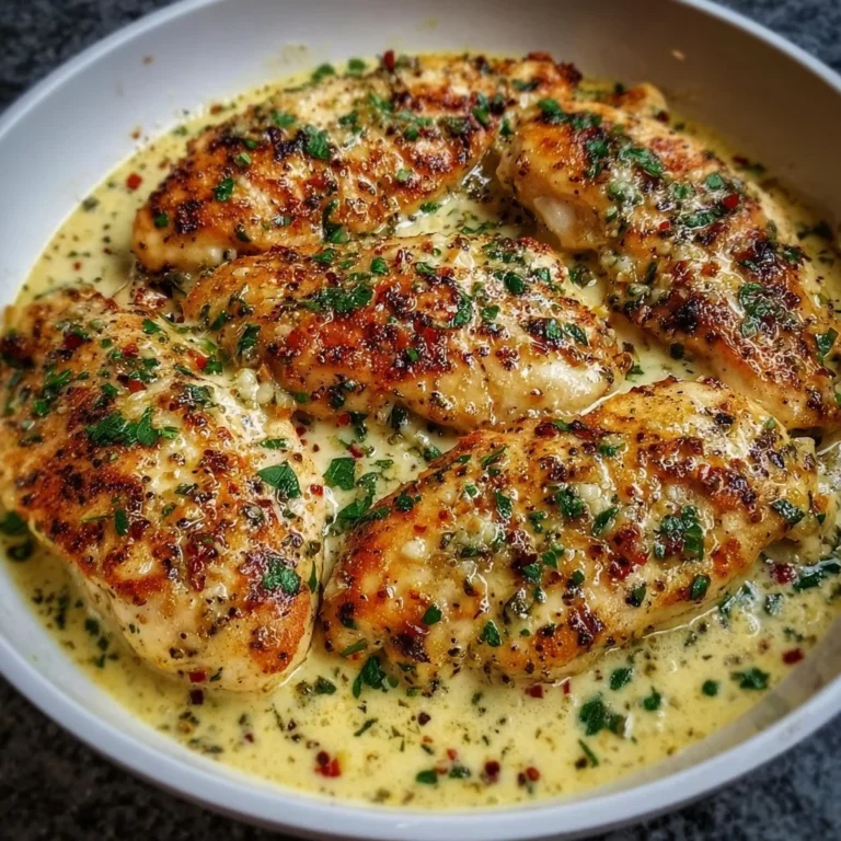 Chicken fillet in a spicy, creamy garlic-Parmesan sauce served on a plate
