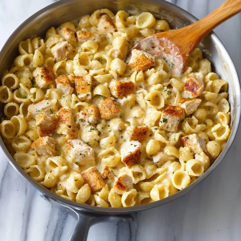 Delicious creamy Chicken Mac and Cheese served in a bowl with toppings.
