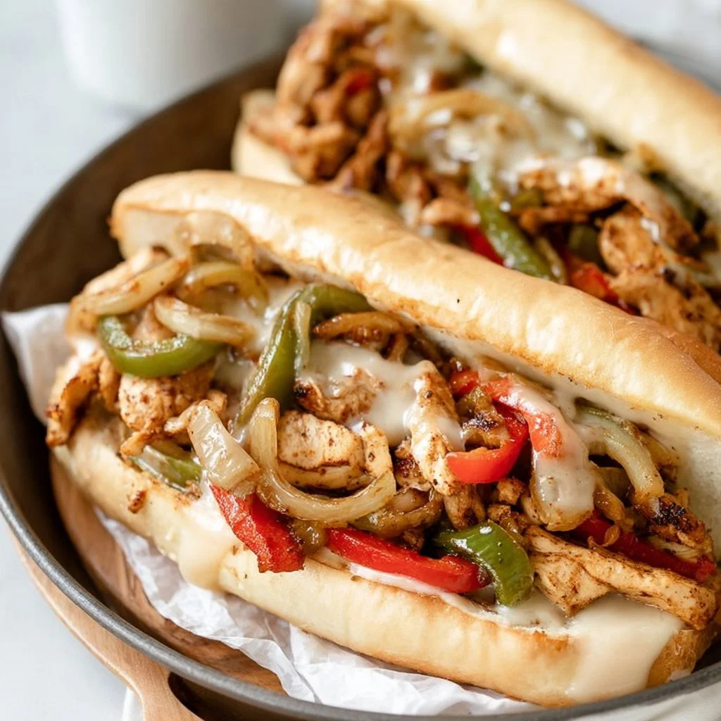Homemade Chicken Philly Sandwich loaded with peppers and cheese.