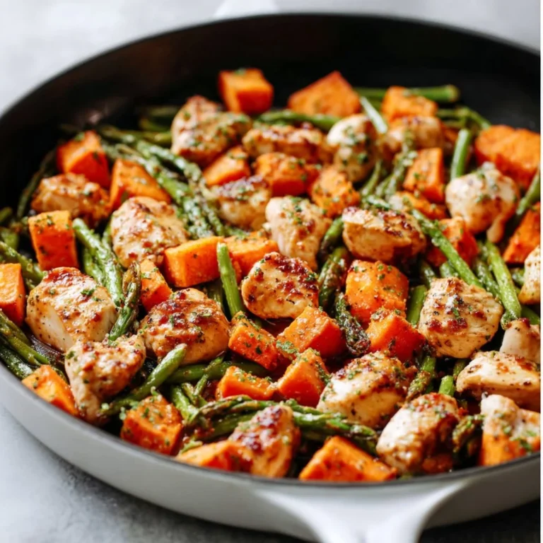 Chicken Sweet Potato dish garnished with herbs on a white plate