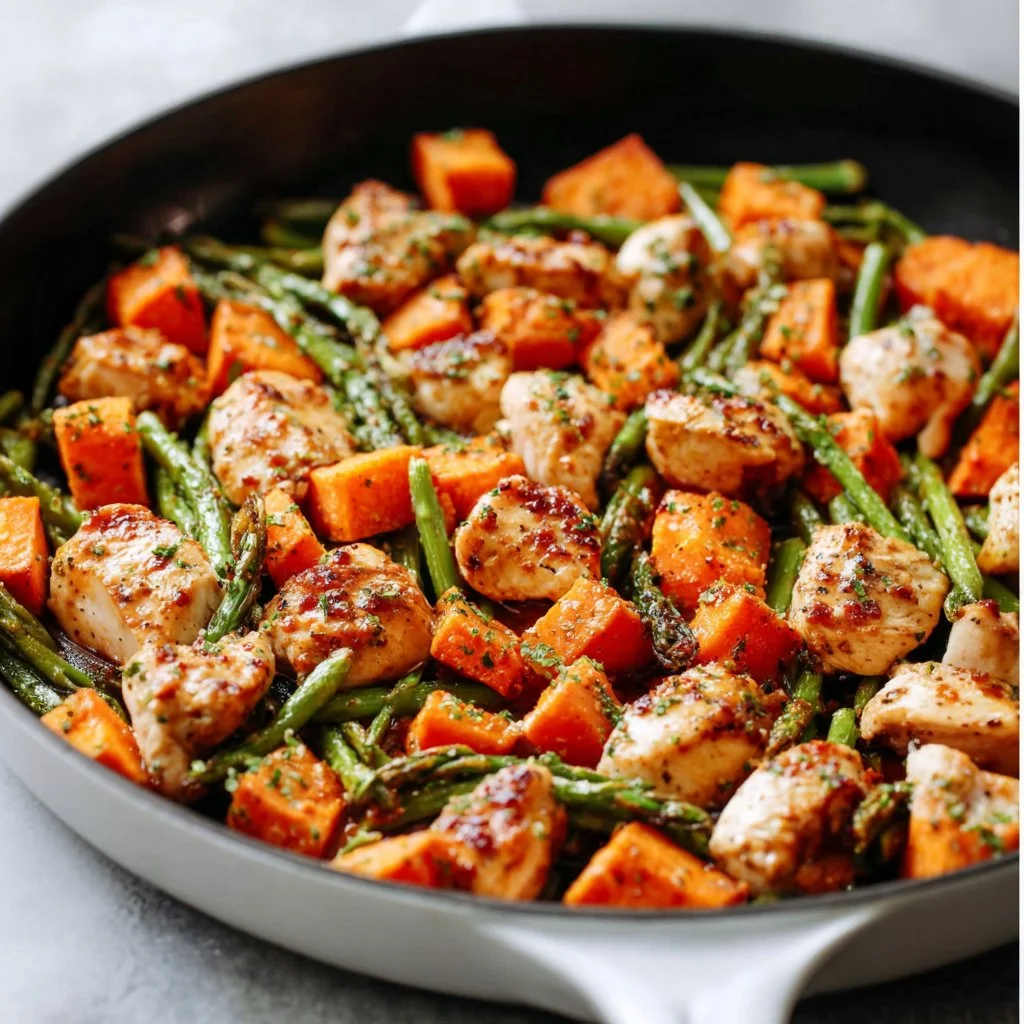 Chicken Sweet Potato dish garnished with herbs on a white plate
