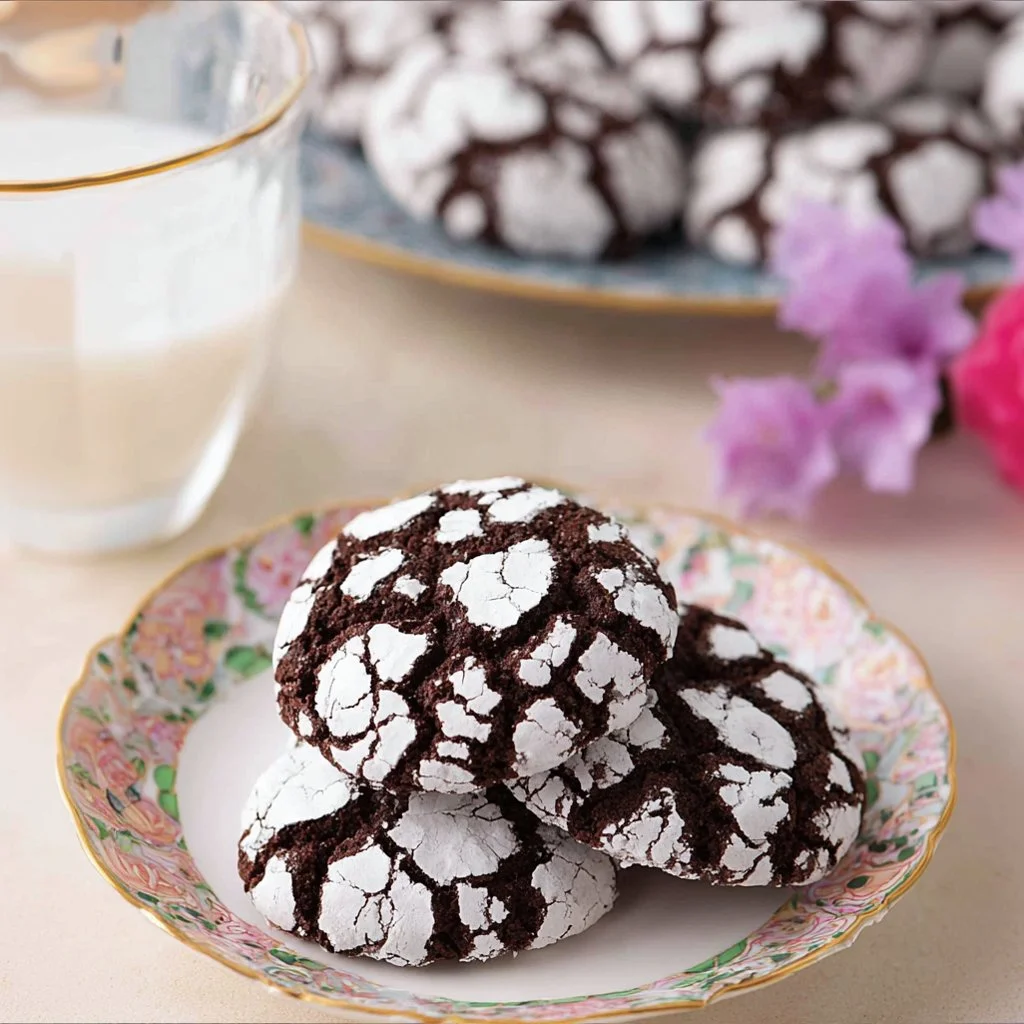 Homemade Chocolate Crinkle Cookies dusted with powdered sugar