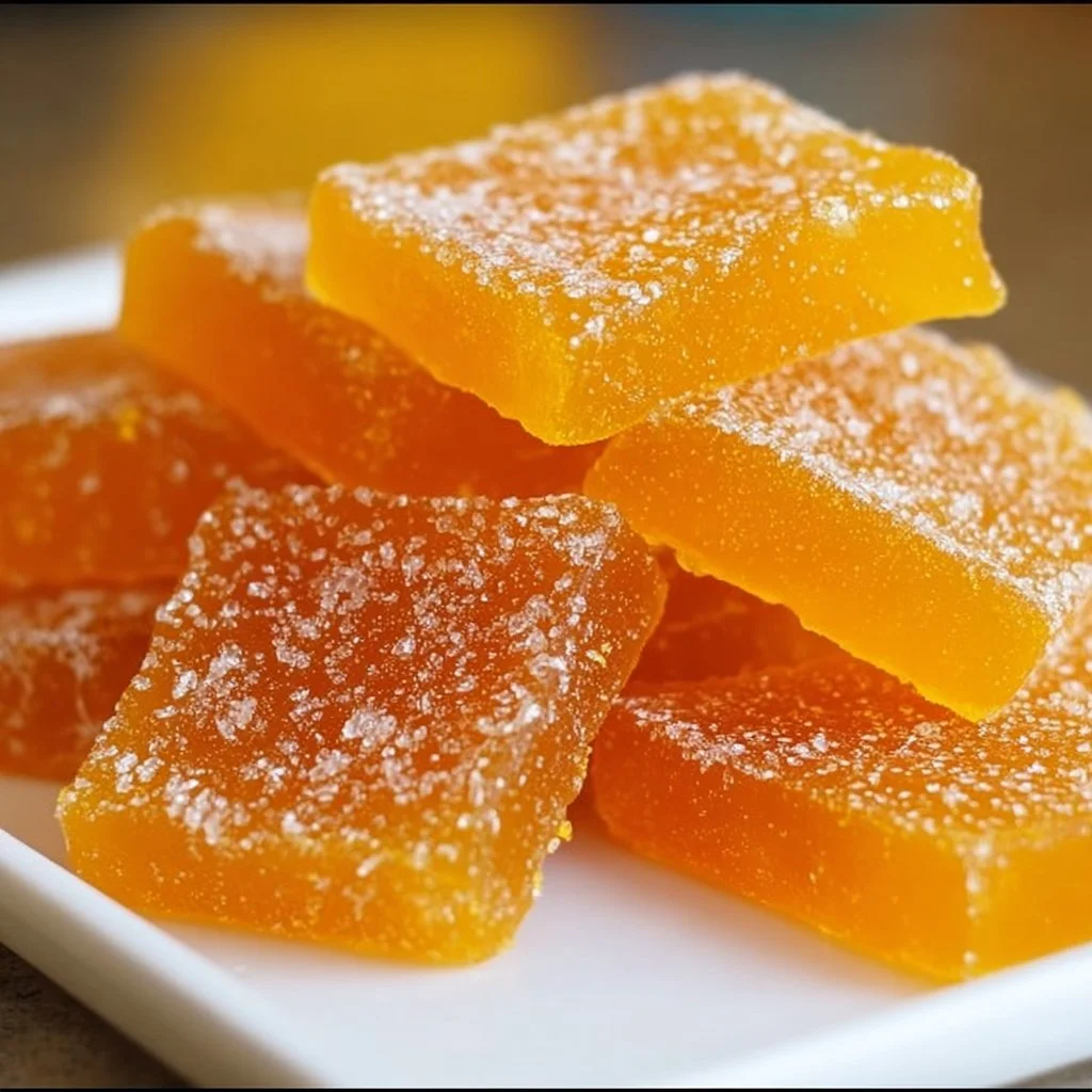 Delicious homemade orange candy ready to be enjoyed on a white plate.