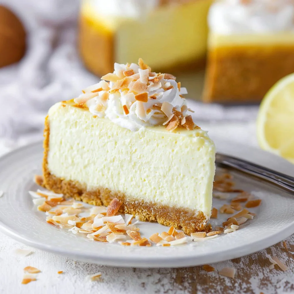 Delicious Coconut Cheesecake topped with toasted coconut flakes