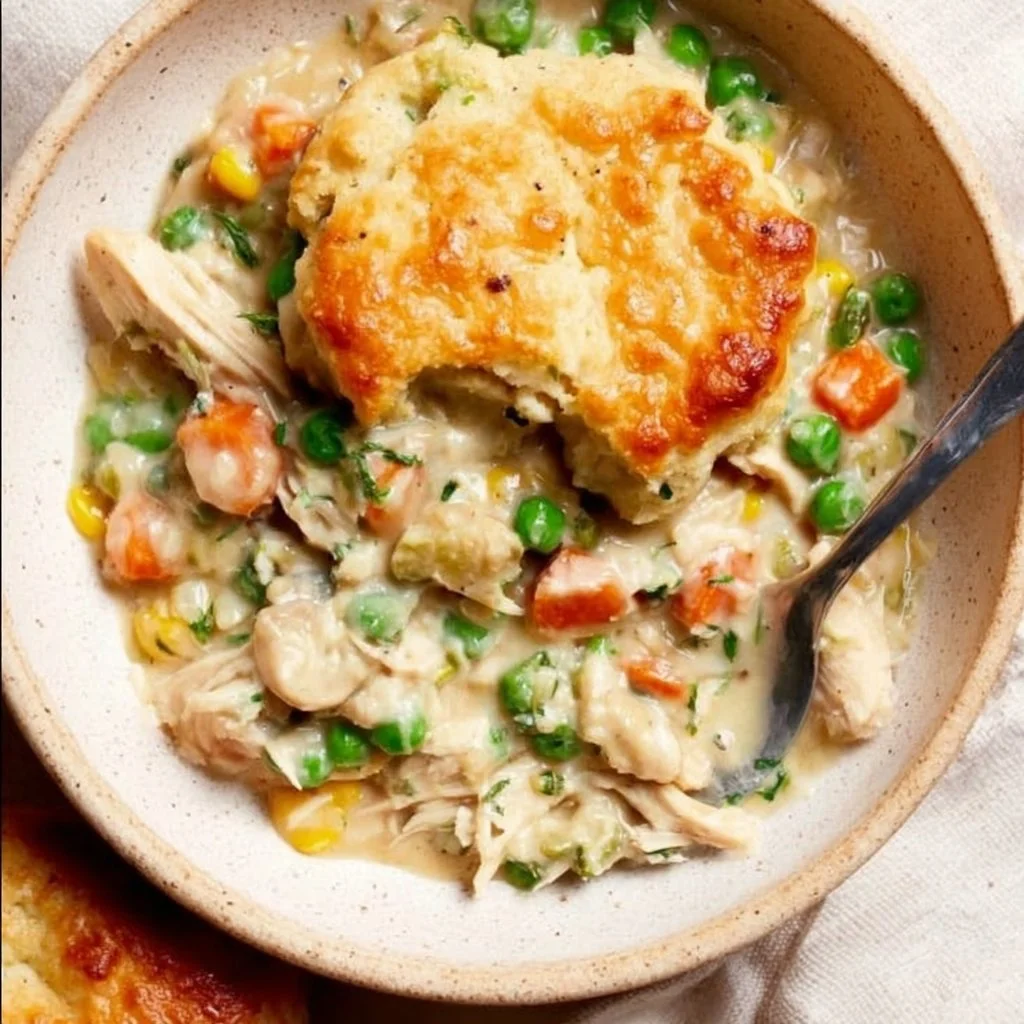 Crustless chicken pot pie served in a bowl with vegetables and chicken.