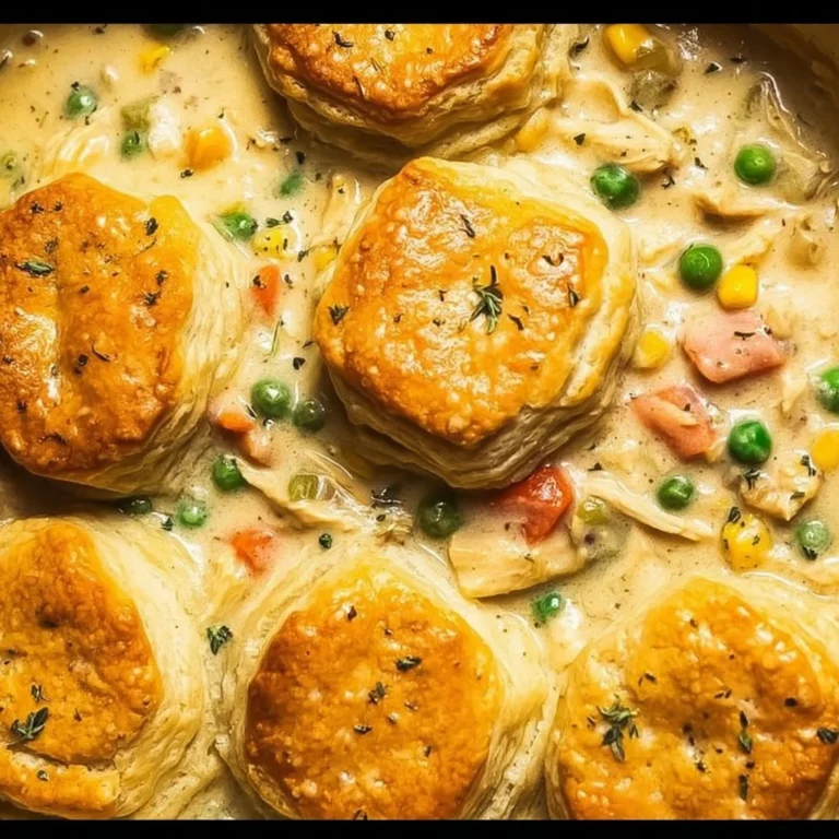 Delicious chicken pot pie casserole topped with flaky crust and vegetables