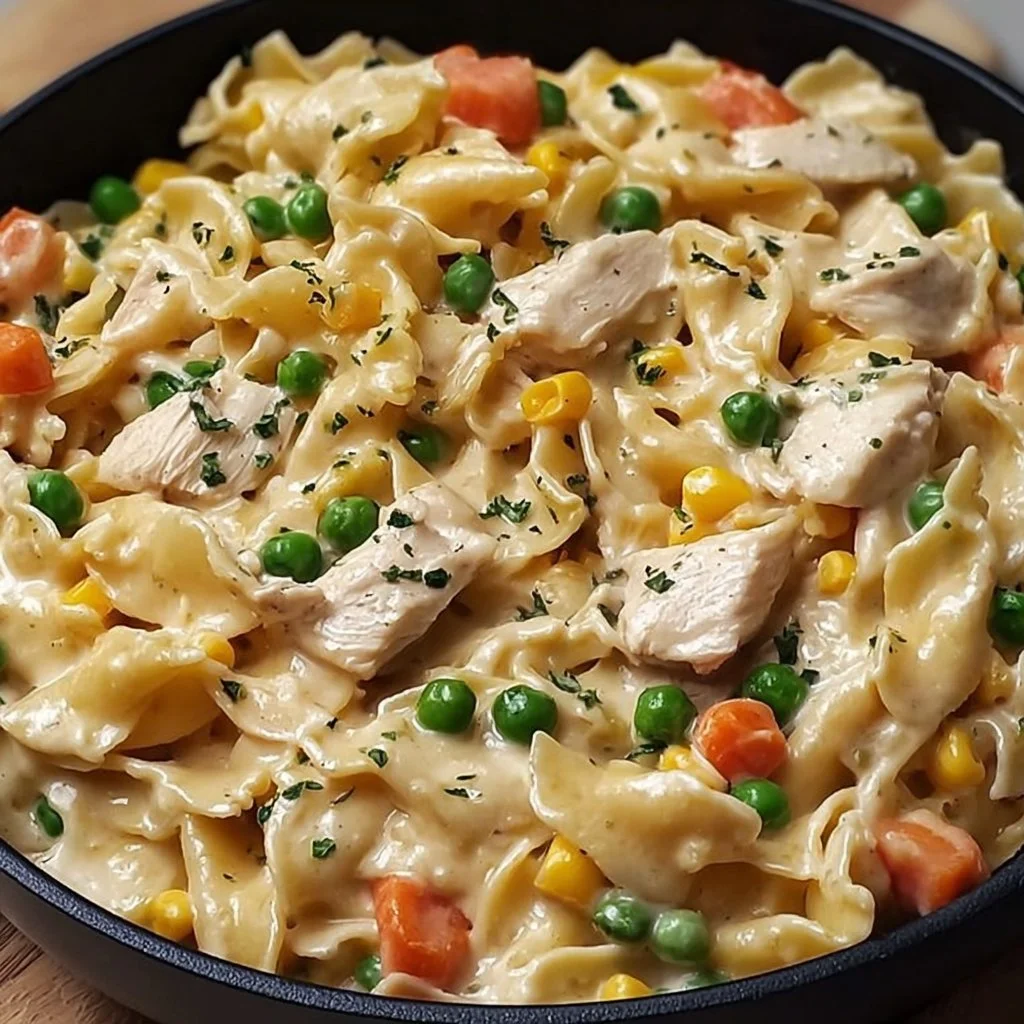 Delicious chicken pot pie pasta served in a cozy bowl for comforting meals