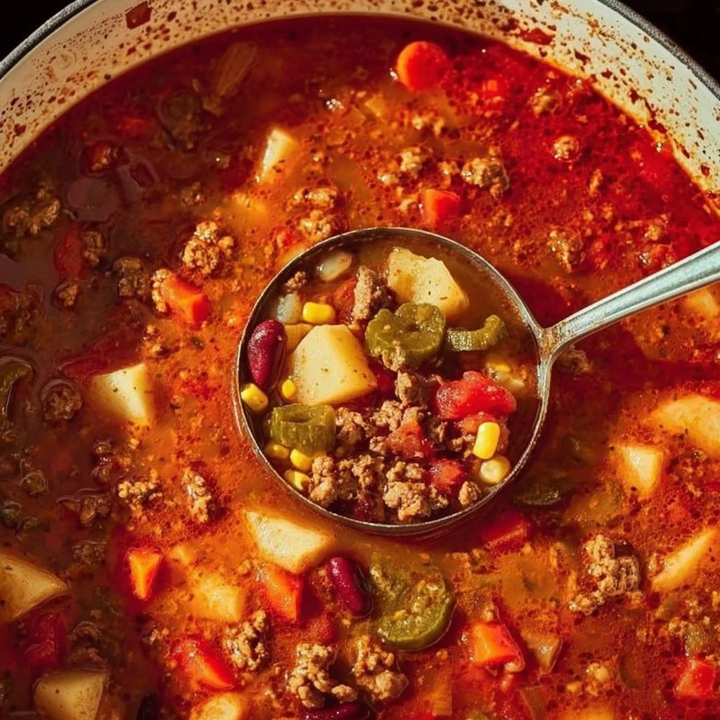 Delicious Cowboy Soup in a rustic bowl garnished with herbs and corn.