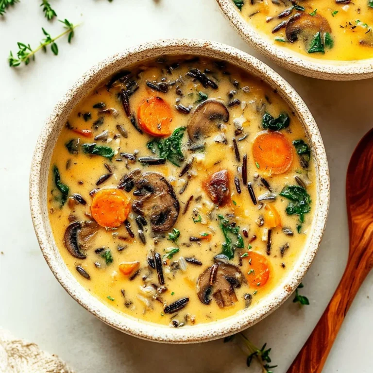 Bowl of cozy autumn wild rice soup garnished with fresh herbs