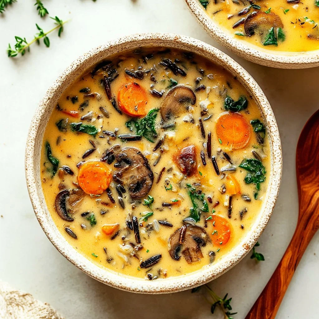 Bowl of cozy autumn wild rice soup garnished with fresh herbs
