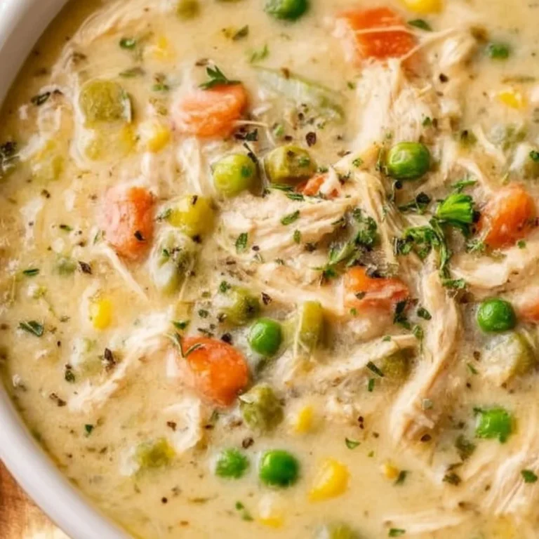 Bowl of cozy chicken pot pie soup garnished with herbs and vegetables.