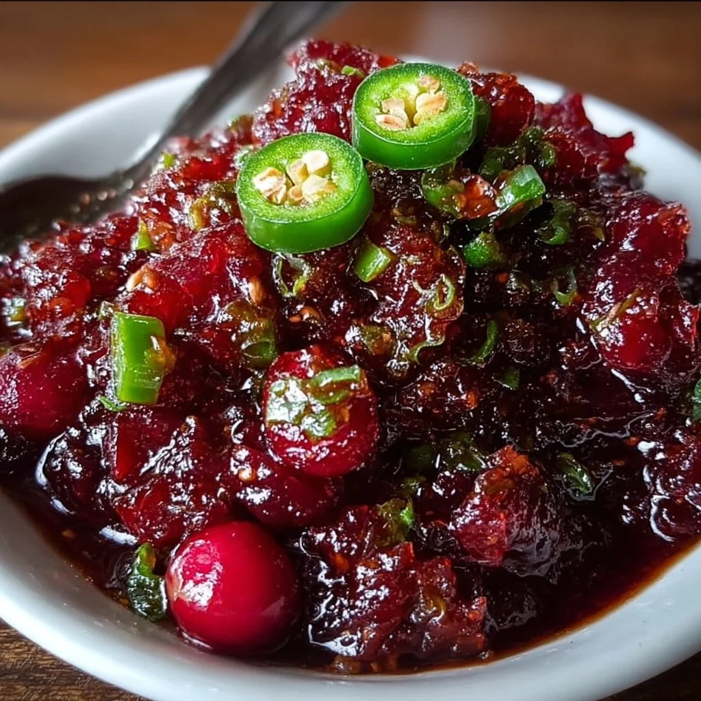 Jarring cranberry jalapeno jam with fresh ingredients showcased on a wooden table.