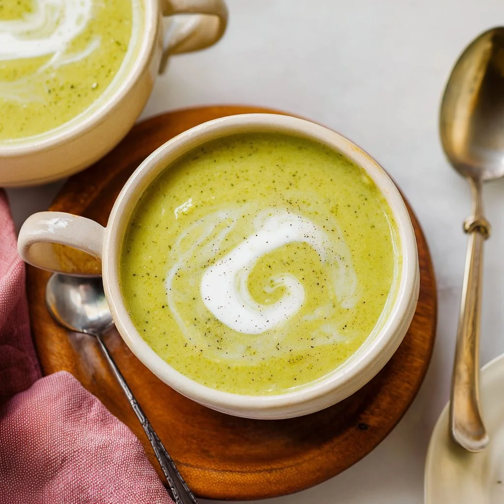 Bowl of creamy broccoli soup garnished with fresh herbs