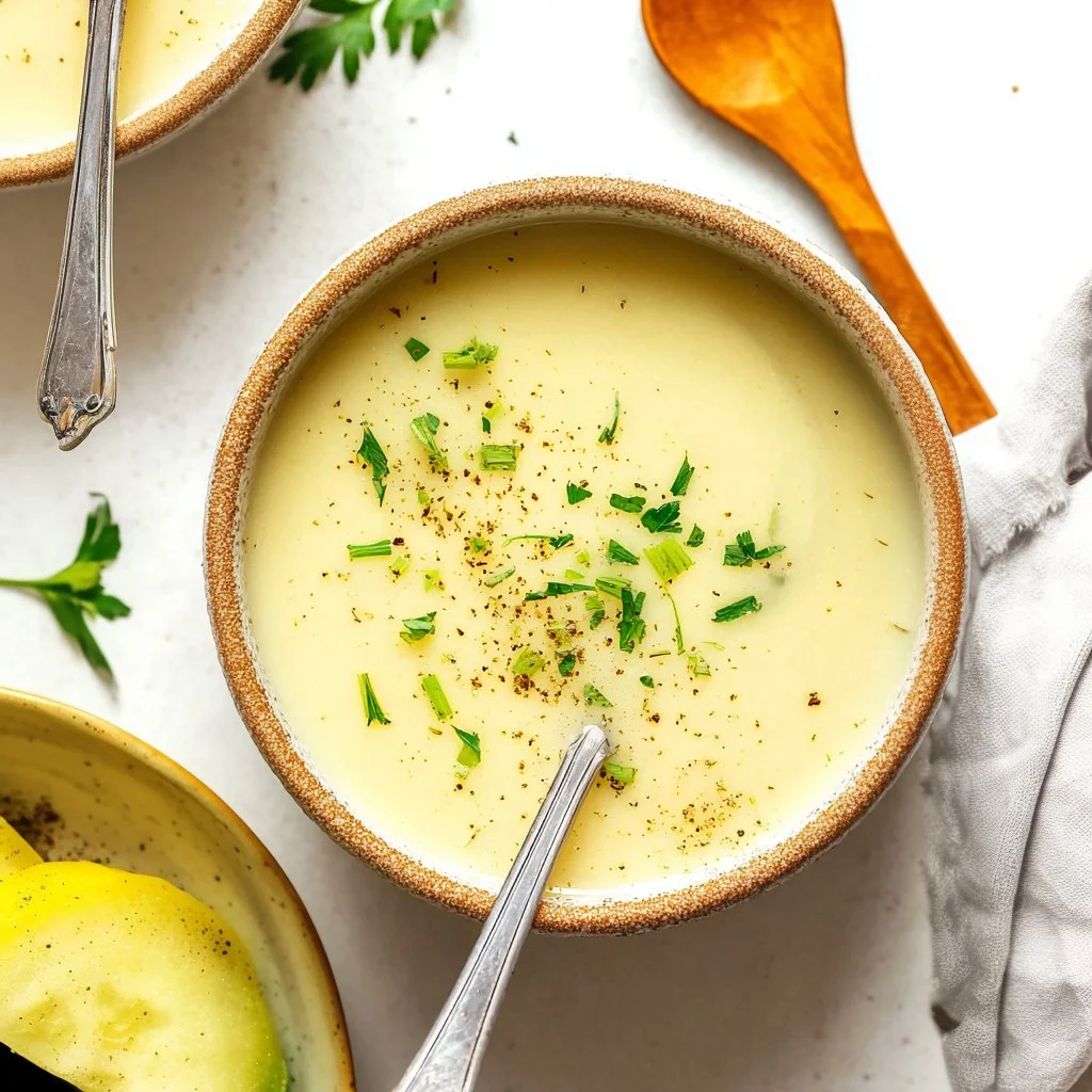 Creamy celery soup served in a rustic bowl with fresh herbs on top