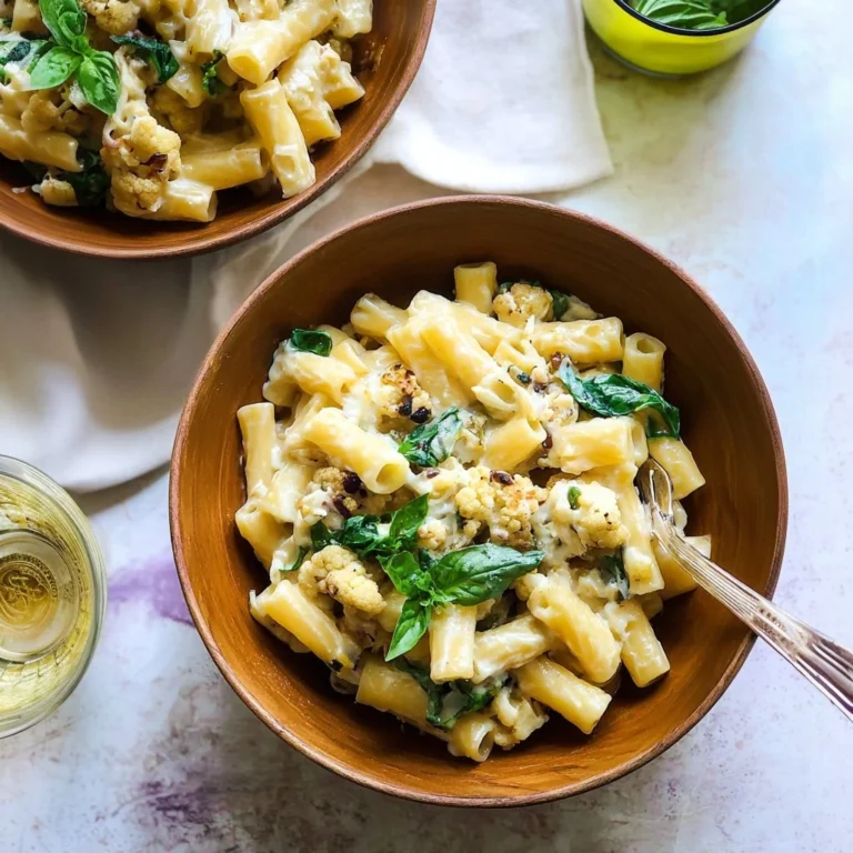 Creamy cauliflower pasta dish topped with fresh herbs and cheese