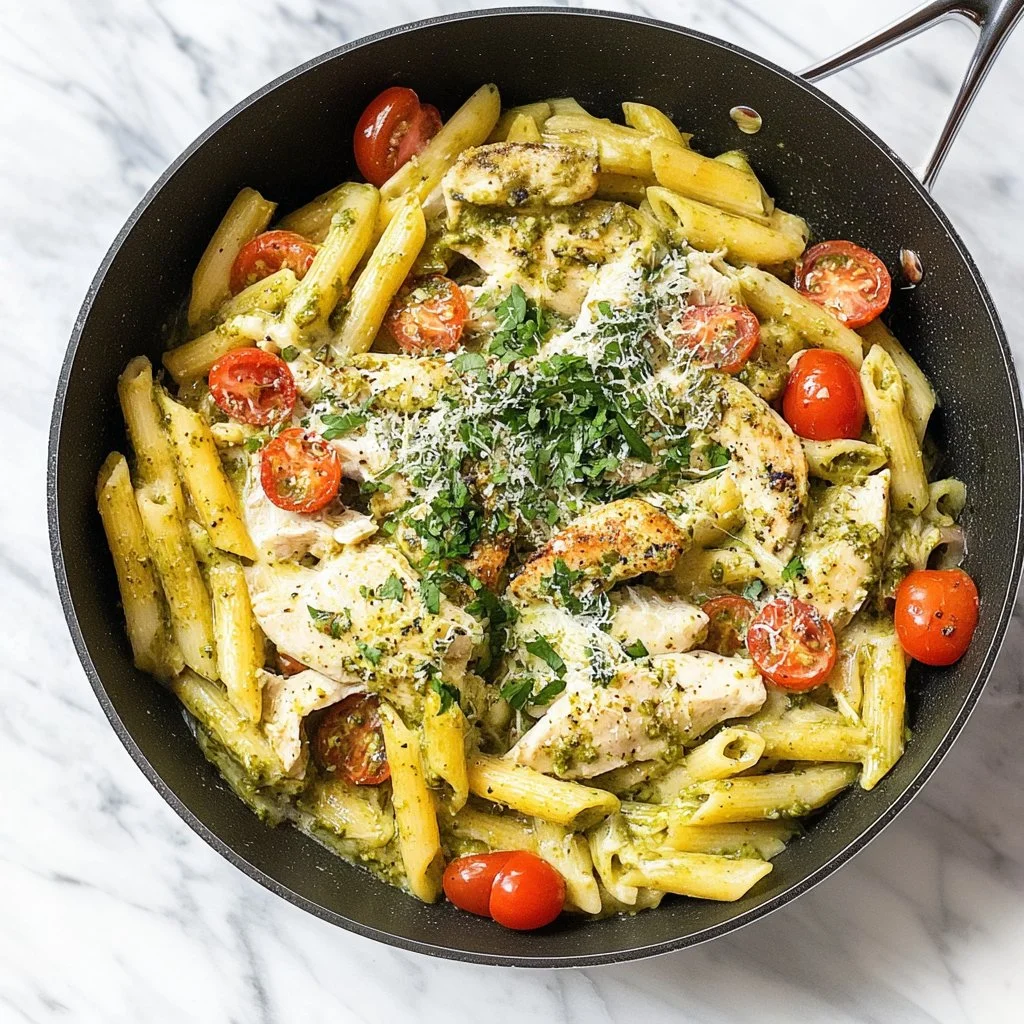 Creamy chicken pasta with pesto on a plate, garnished with fresh basil.