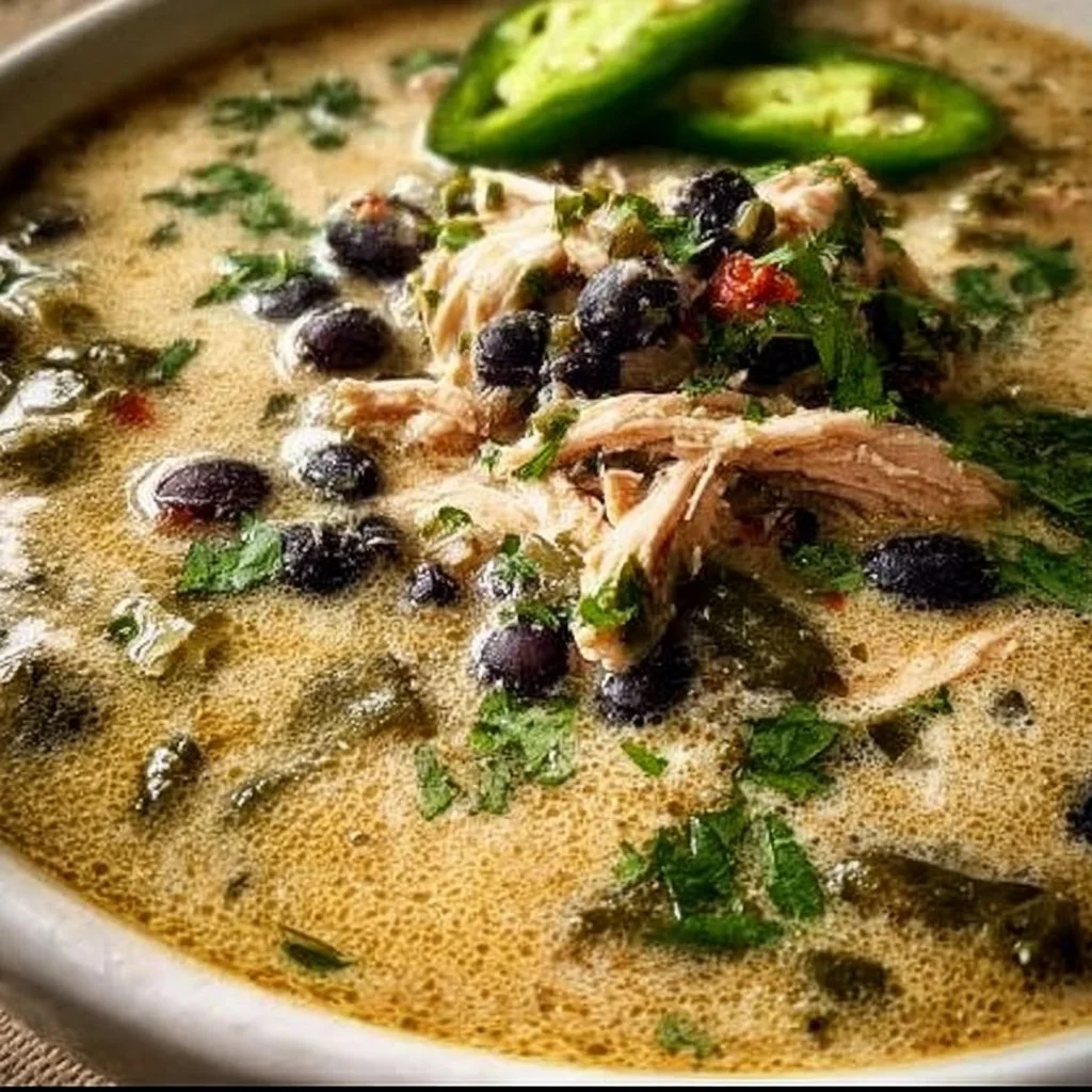 Creamy chicken soup with poblanos and black beans in a bowl