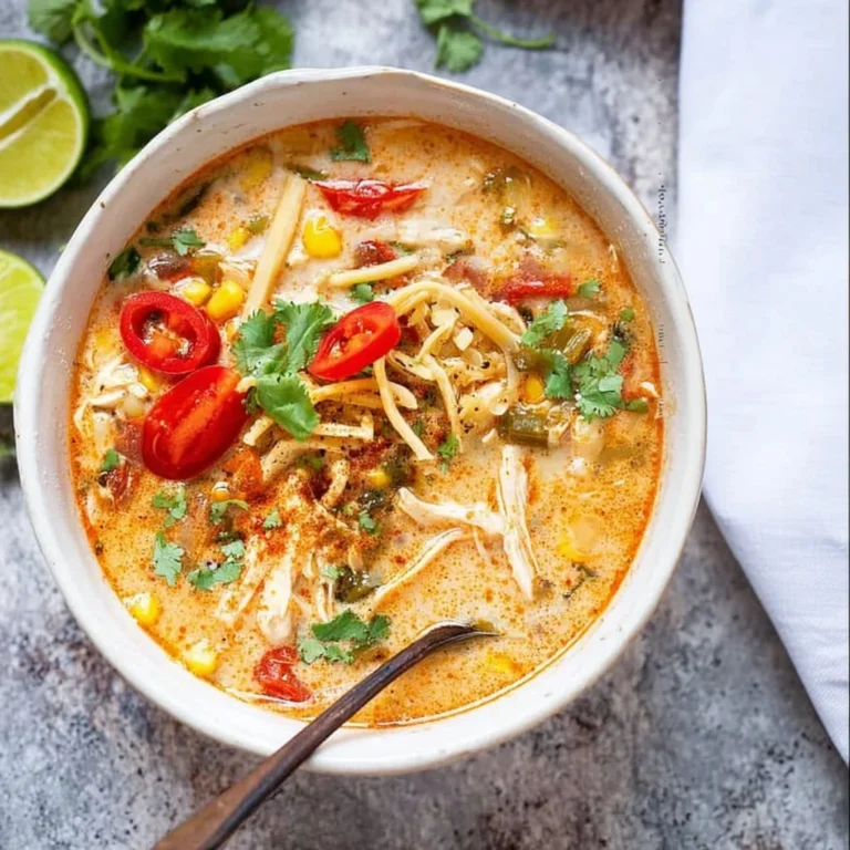 Bowl of creamy chicken tortilla soup topped with crispy tortilla strips and cilantro