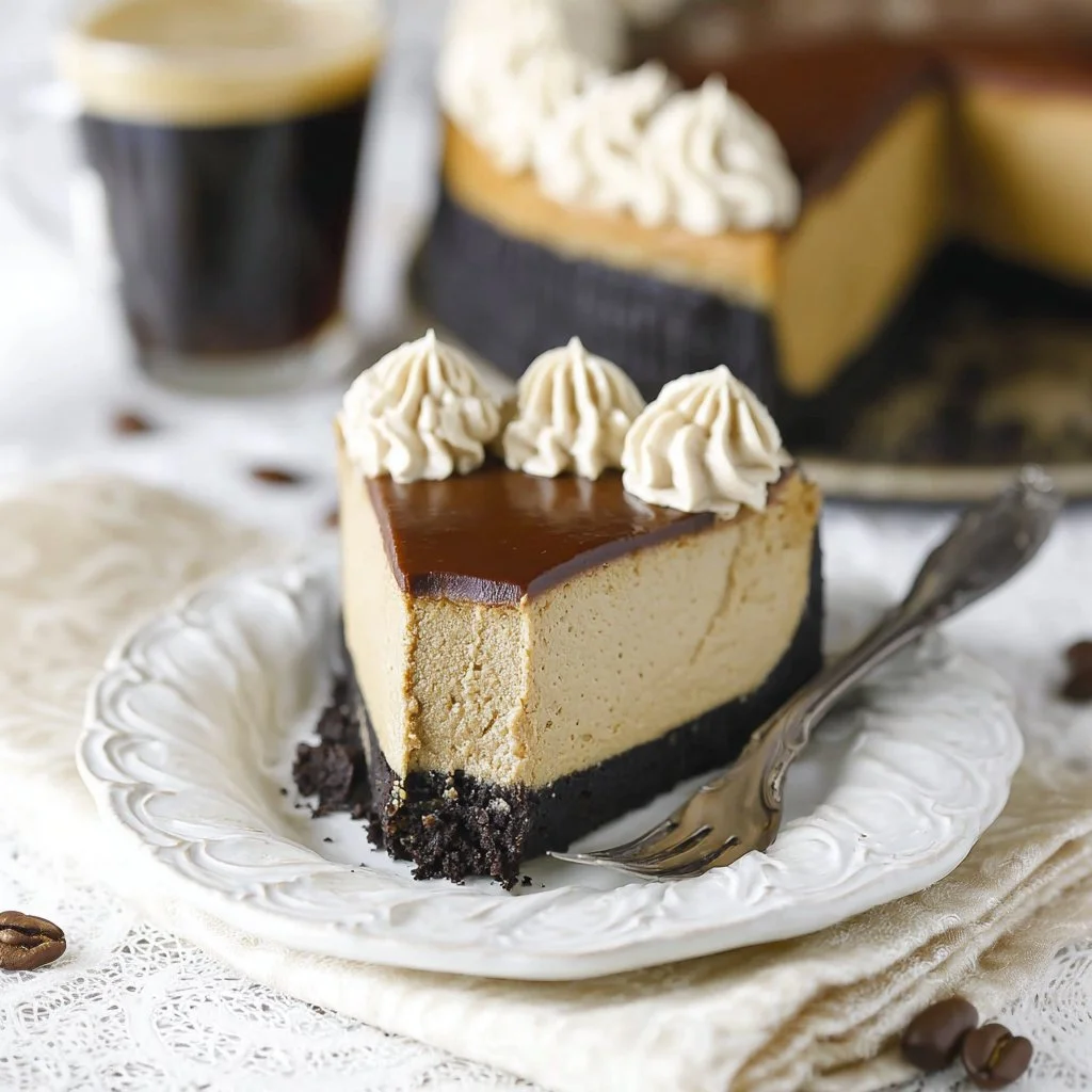 Creamy coffee cheesecake topped with coffee beans and chocolate drizzle