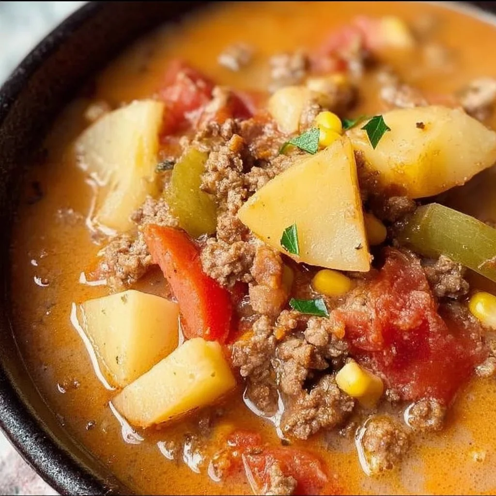 Bowl of creamy cowboy soup with vegetables and spices