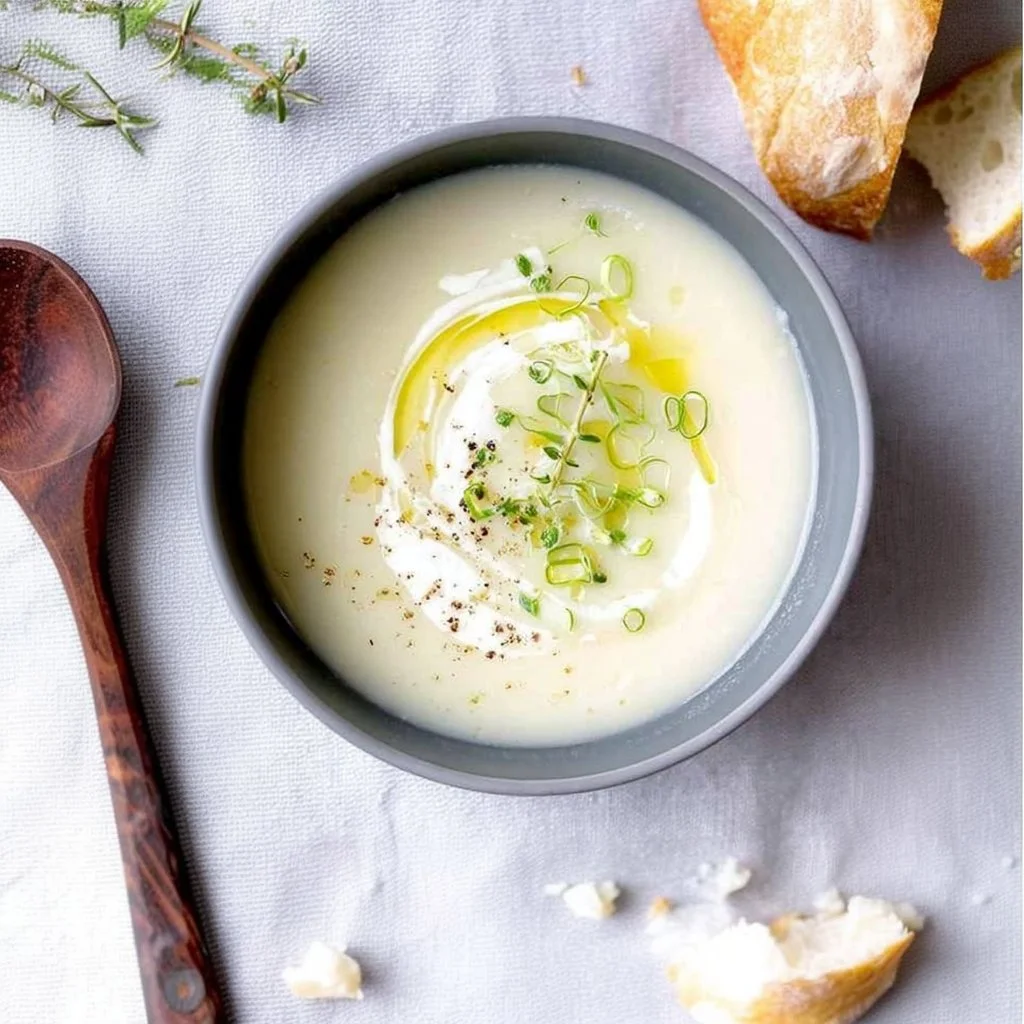 Bowl of creamy dreamy cauliflower soup garnished with herbs and spices