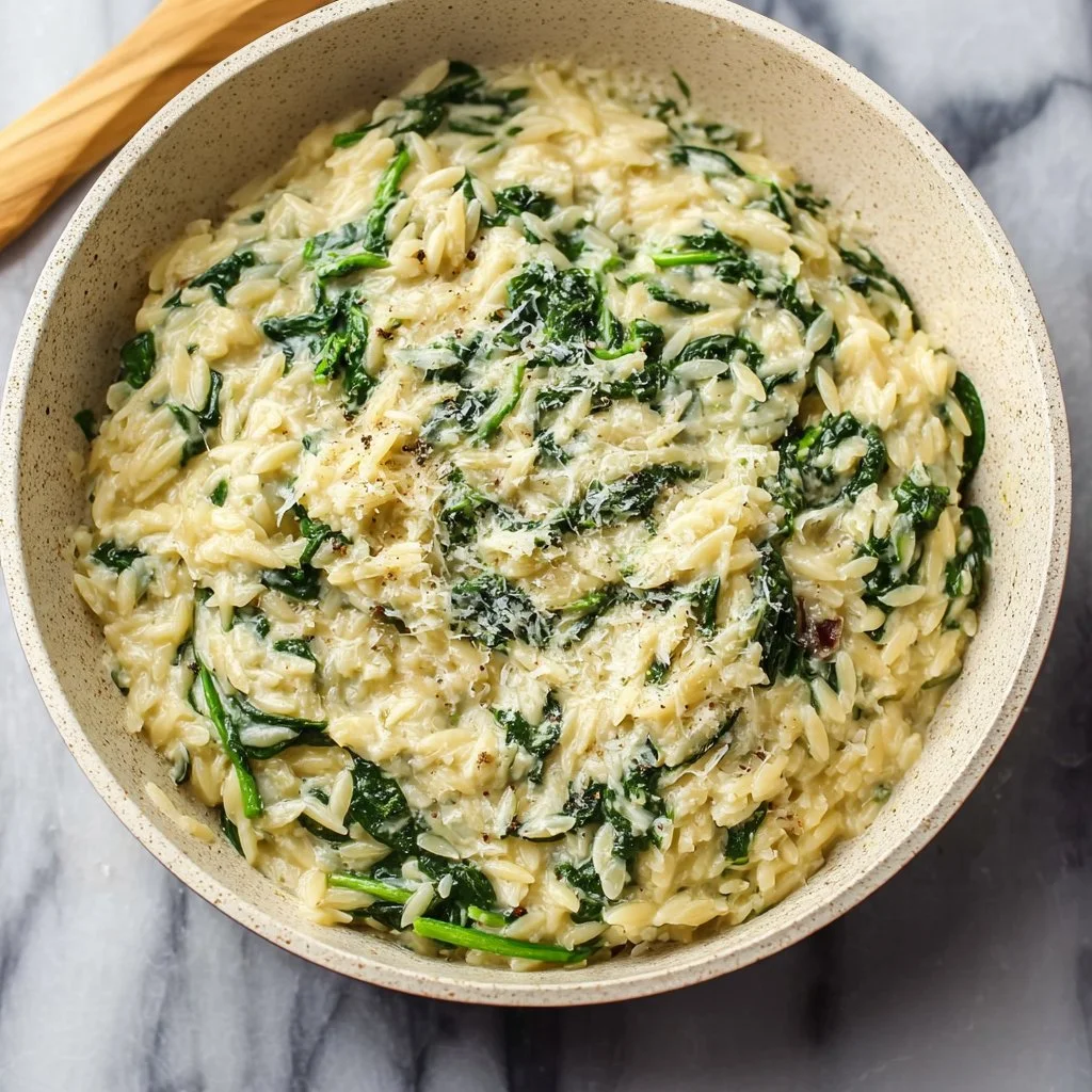 Creamy garlic spinach orzo dish garnished with fresh spinach and garlic.