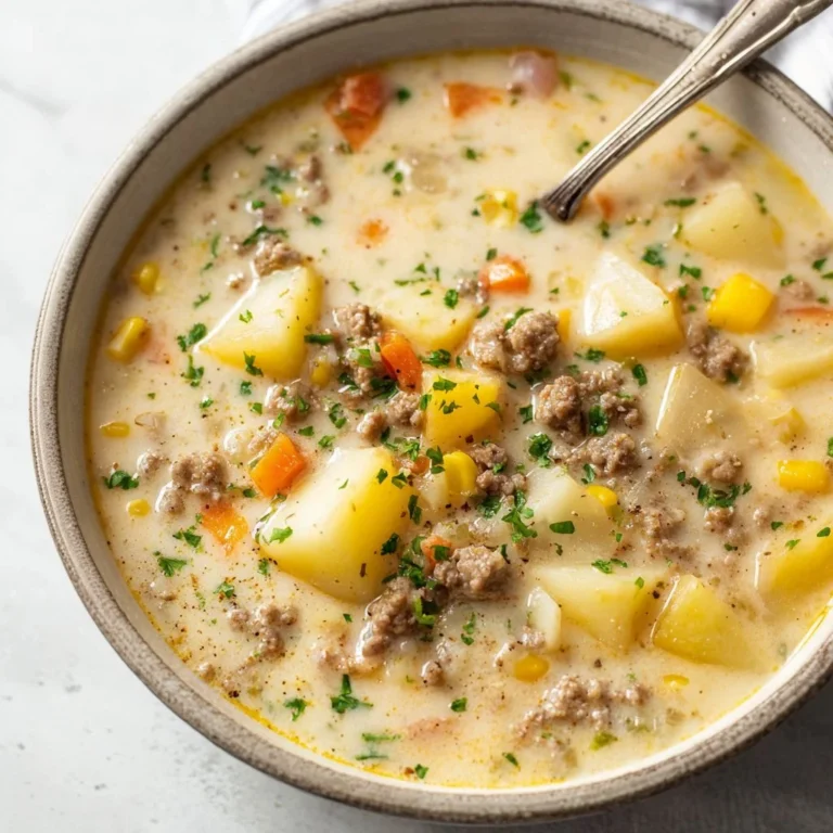 A warm bowl of creamy Hamburger Potato Soup garnished with herbs.