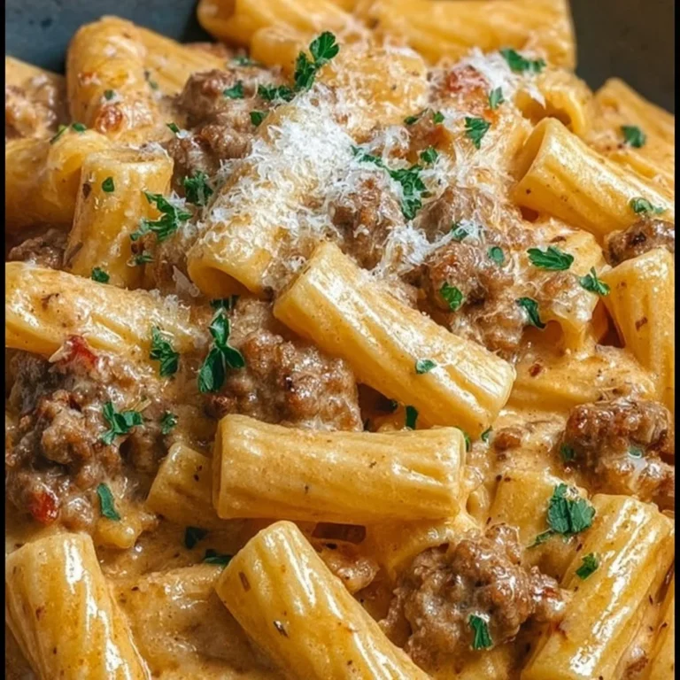 Creamy Italian sausage rigatoni served in a bowl with herbs and parmesan.