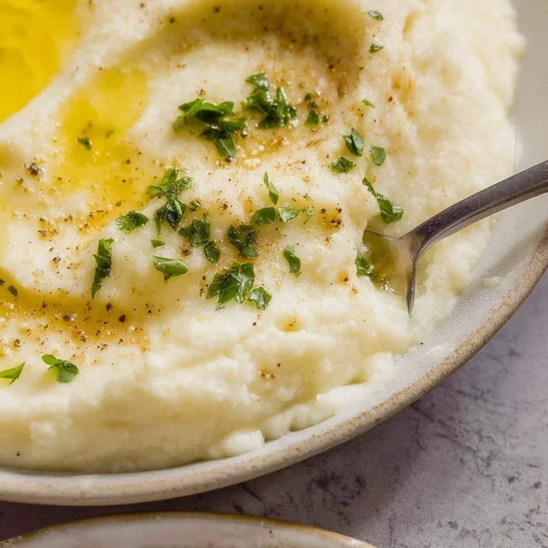 Creamy mashed cauliflower served in a bowl, garnished with herbs.