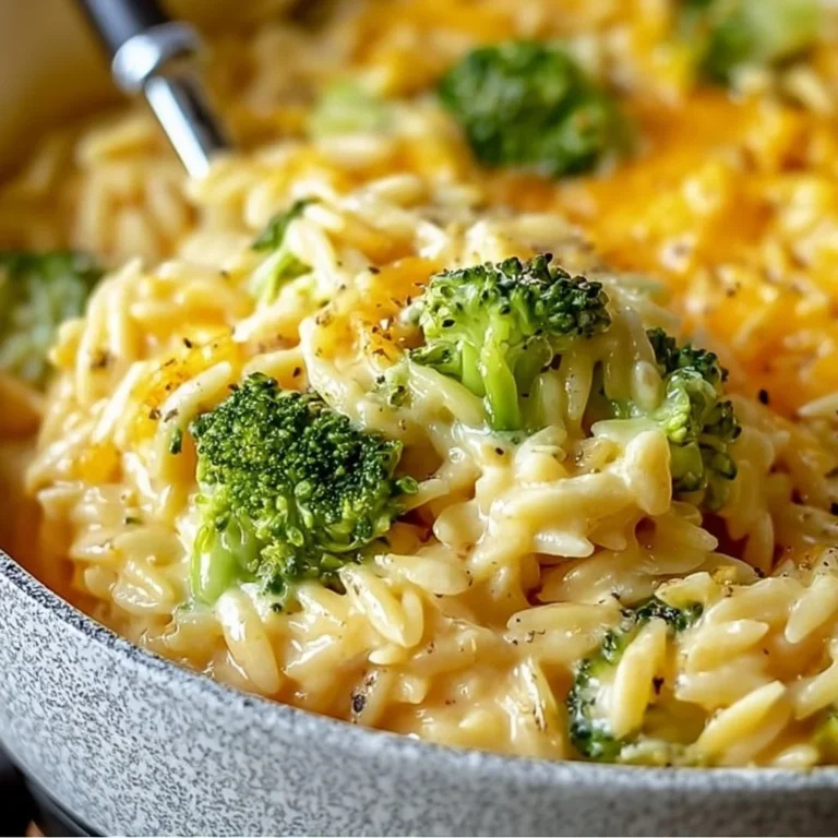 Creamy one-pot broccoli cheddar orzo with fresh broccoli and melted cheddar cheese