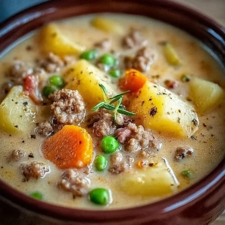 Bowl of creamy Potato Hamburger Soup garnished with herbs.