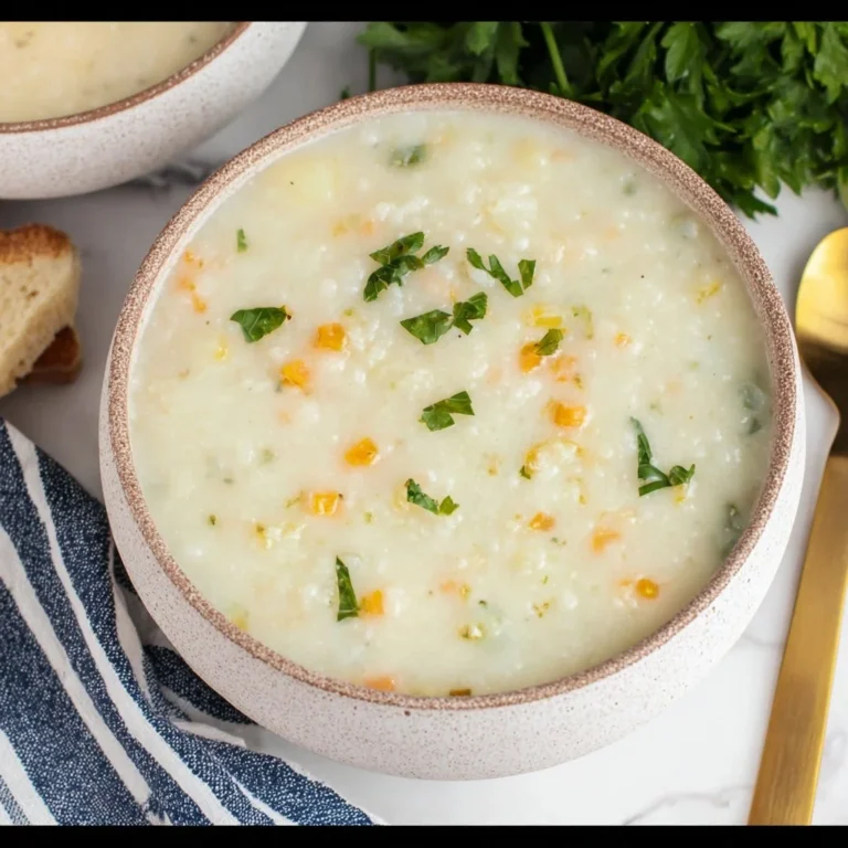 A warm bowl of creamy potato soup topped with fresh herbs and creamy texture