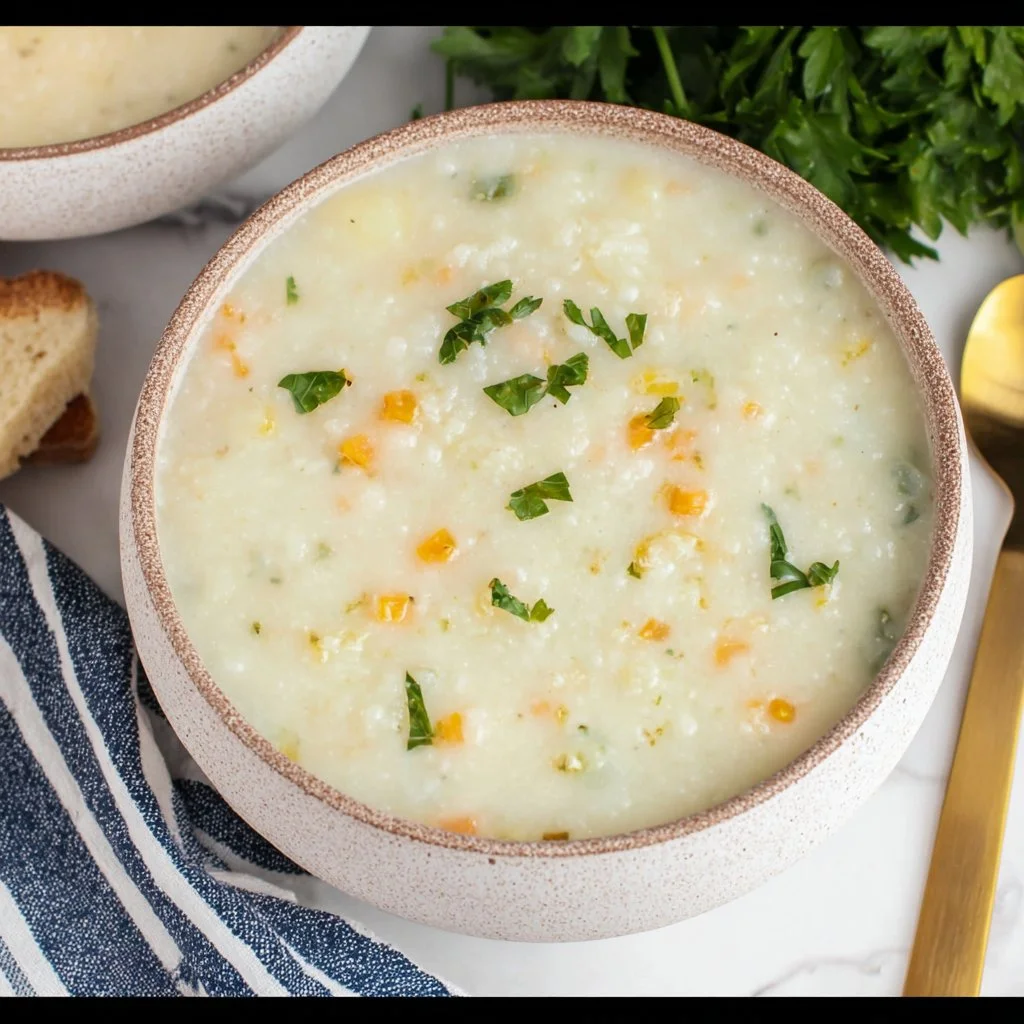 A warm bowl of creamy potato soup topped with fresh herbs and creamy texture