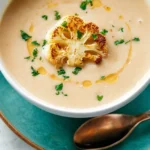 A bowl of creamy roasted cauliflower soup garnished with herbs.