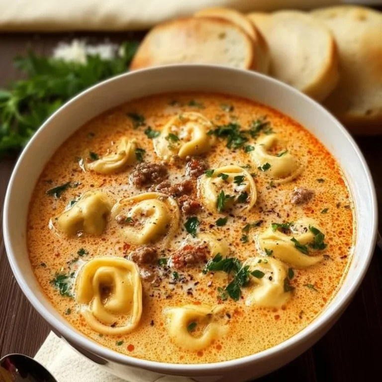 A delicious bowl of creamy tortellini soup garnished with herbs.