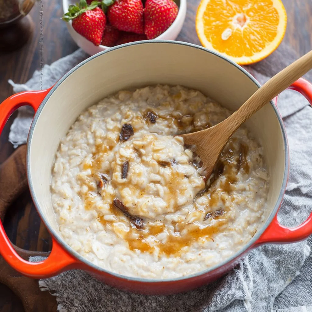 Bowl of creamy vegan rice pudding topped with cinnamon and fruit.
