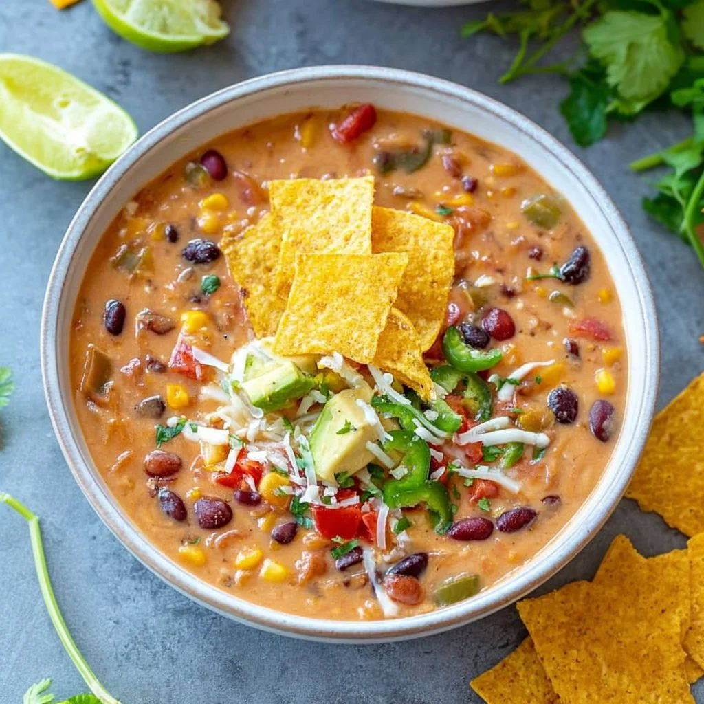 Bowl of creamy vegetarian tortilla soup topped with tortilla strips and avocado