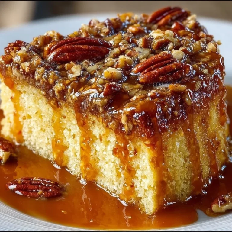 Crème Brûlée Caramel Pecan Cake with creamy top layer and caramel drizzle.