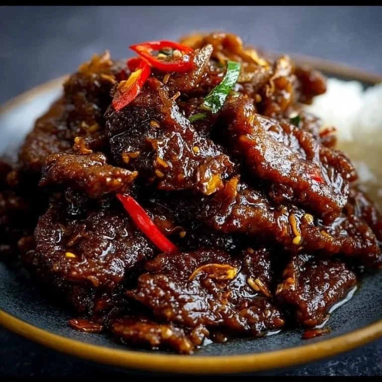 Plate of crispy chilli beef garnished with herbs and spices