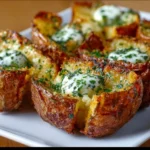 Crispy garlic herb roasted potato skins garnished with herbs and spices