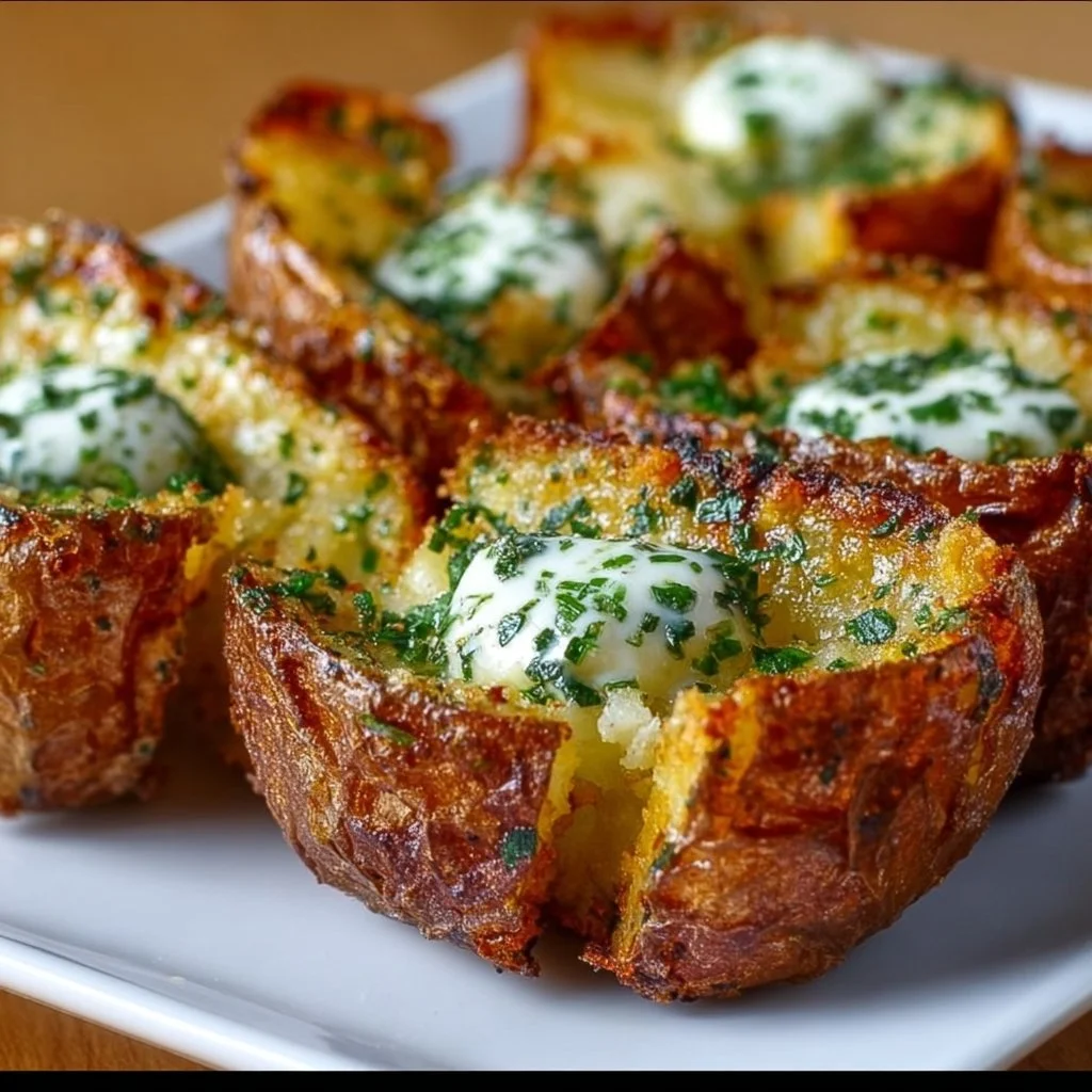 Crispy garlic herb roasted potato skins garnished with herbs and spices