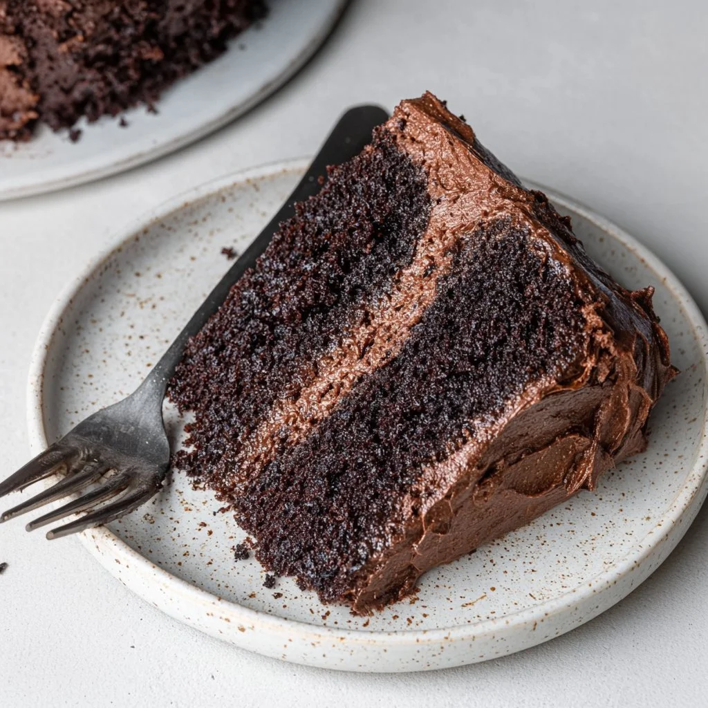Delicious dairy free chocolate cake with rich chocolate frosting on a white plate