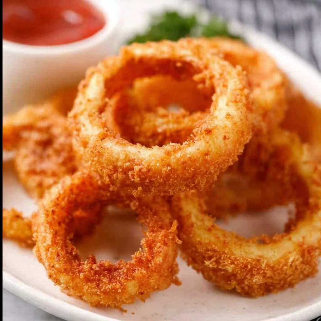 Crispy deep fried onion rings served with dipping sauce