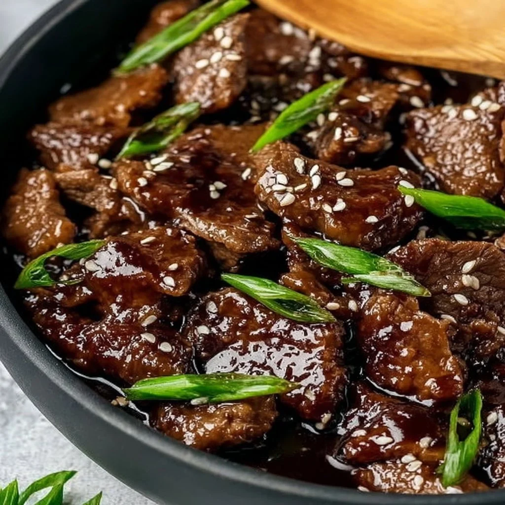 Delicious plate of Easy Beef Teriyaki garnished with sesame seeds and green onions.